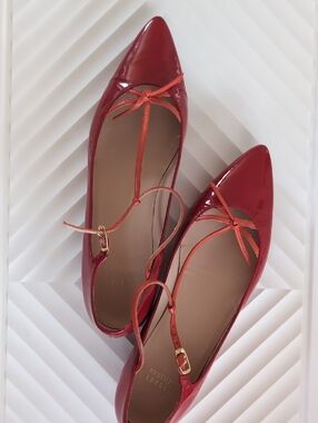 Stuart Weitzman Red Patent Pointed T-Strap Flats with Bow